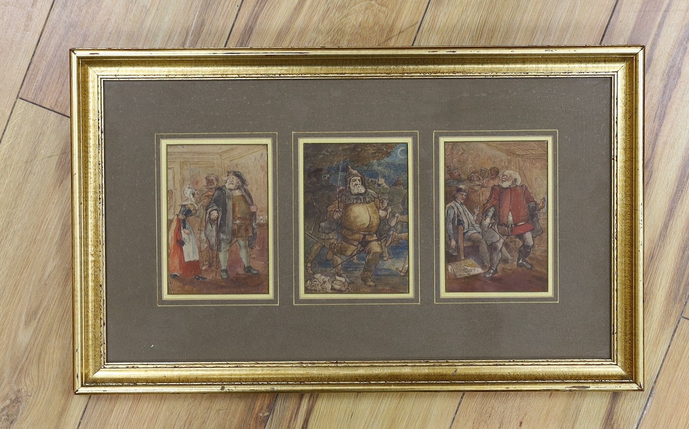 British School, early 20th century, triptych pen and ink and watercolour illustrations in the same frame, medieval figures in costume, 14 x 9cm